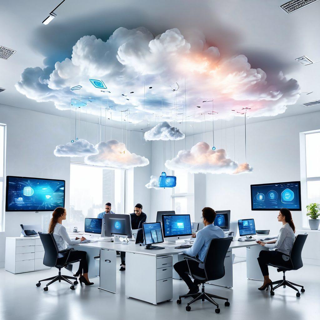 A futuristic office space showcasing diverse individuals collaborating seamlessly using cloud storage solutions on various devices, with digital interfaces displaying file management graphics and data flow. Bright, modern design elements interwoven with abstract cloud patterns, emphasizing efficiency and teamwork. super-realistic. vibrant colors. white background.