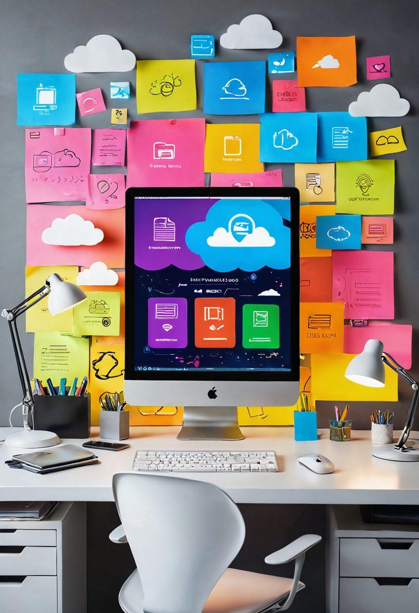 A sleek and modern workspace featuring a glowing computer screen displaying various cloud storage icons and file organization tools. Surrounding the desk are neatly arranged files, digital devices, and colorful sticky notes showcasing tips for resource sharing. The background hints at a digital world with abstract cloud shapes and connectivity symbols. The color scheme is vibrant to evoke a sense of creativity and efficiency. super-realistic. vibrant colors. 3D.