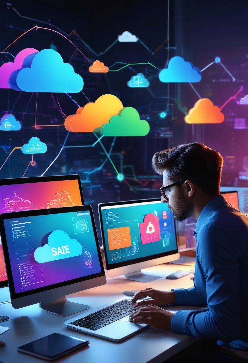 A vibrant digital workspace with diverse professionals collaborating over laptops and tablets, sharing various digital resources like files, charts, and documents. Include colorful icons representing cloud storage, video calls, and file sharing, creating a sense of connectivity. The background should showcase a seamless digital flow with glowing lines and tech-inspired visuals. super-realistic. vibrant colors. 3D.